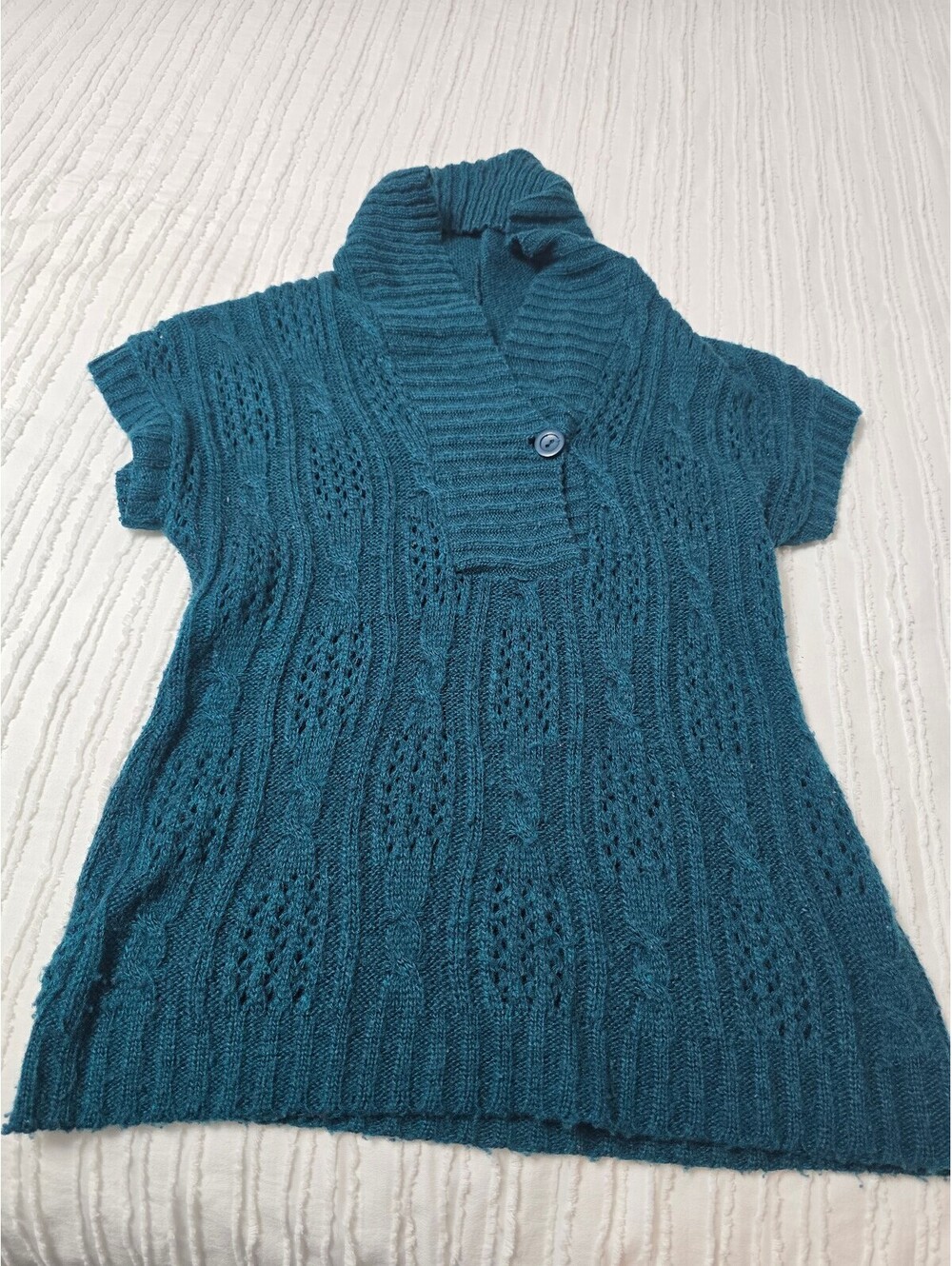 Maurices Women's Large Teal Cable Knit Short Sleeve Sweater with Shawl Collar